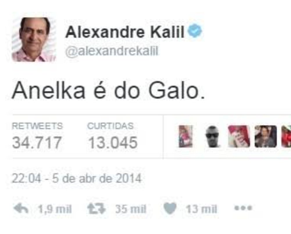 Printi do twitter de Alexandre Kalil anunciando Anelka